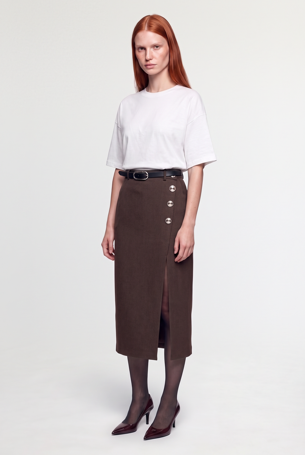 Button Wrap Midi Pencil Skirt - Brown - front view
