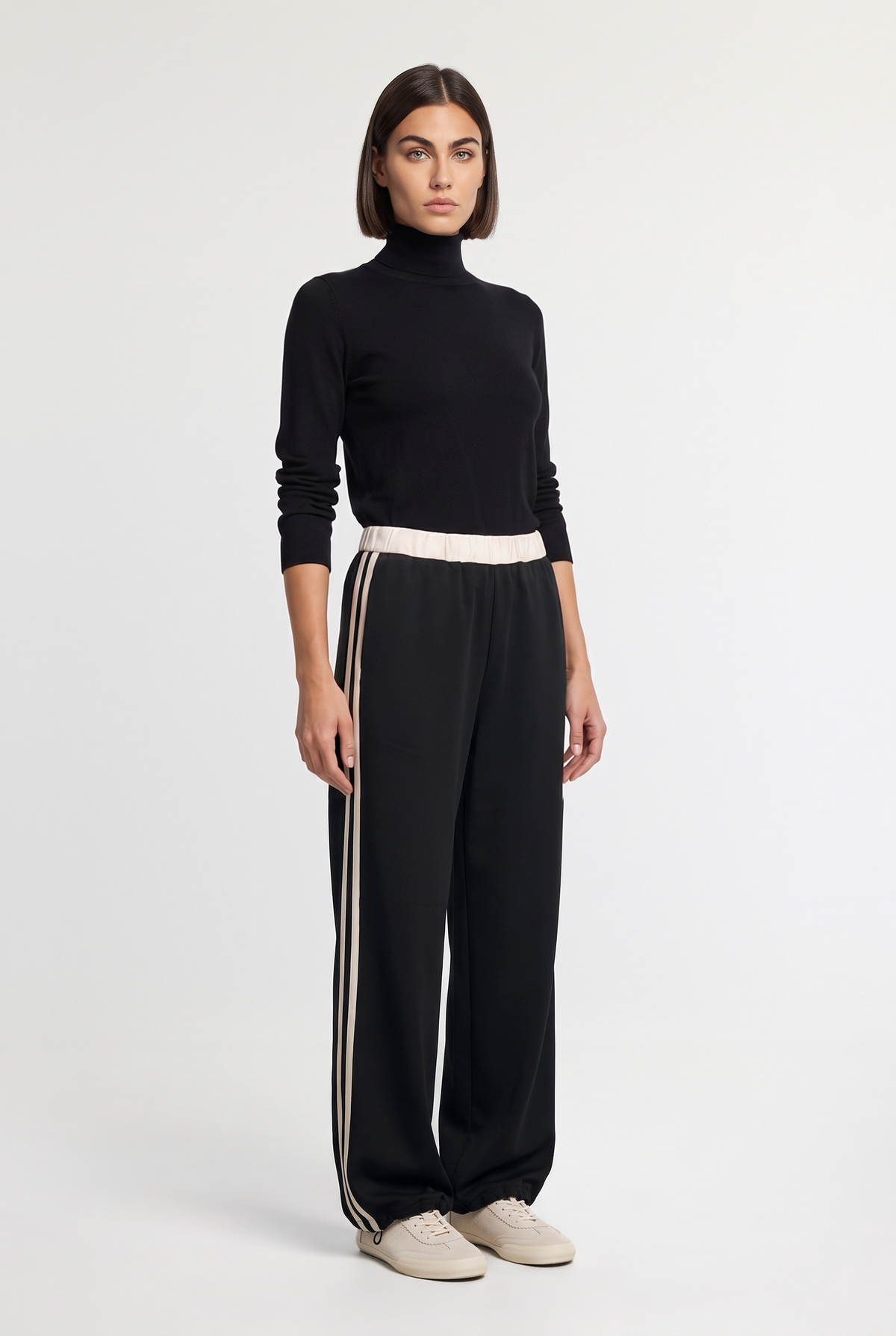 Contrast-Stripe Drawcord-Hem Pants - Black - front view, sleeves pulled up