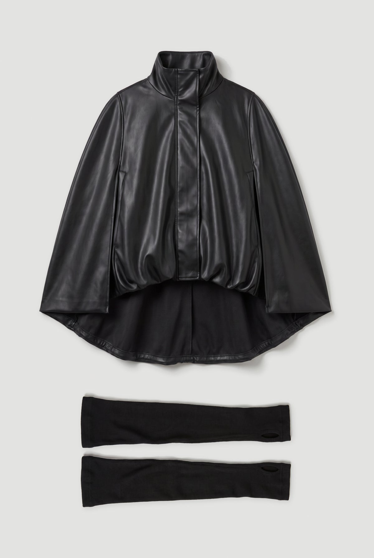 Faux-Leather Cape with Arm Warmers - Black - flat lay, cape and arm warmers
