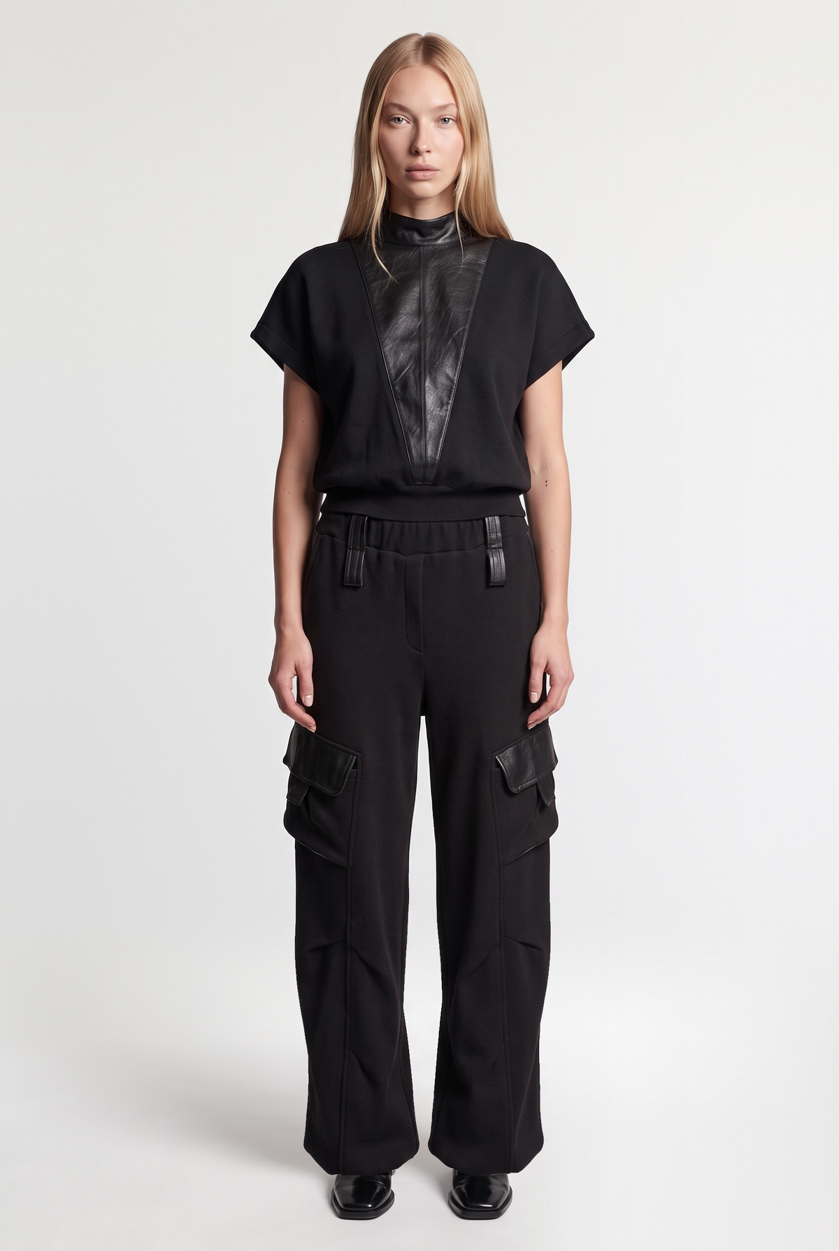 Faux-Leather-Panel Poncho Top - Black - front view