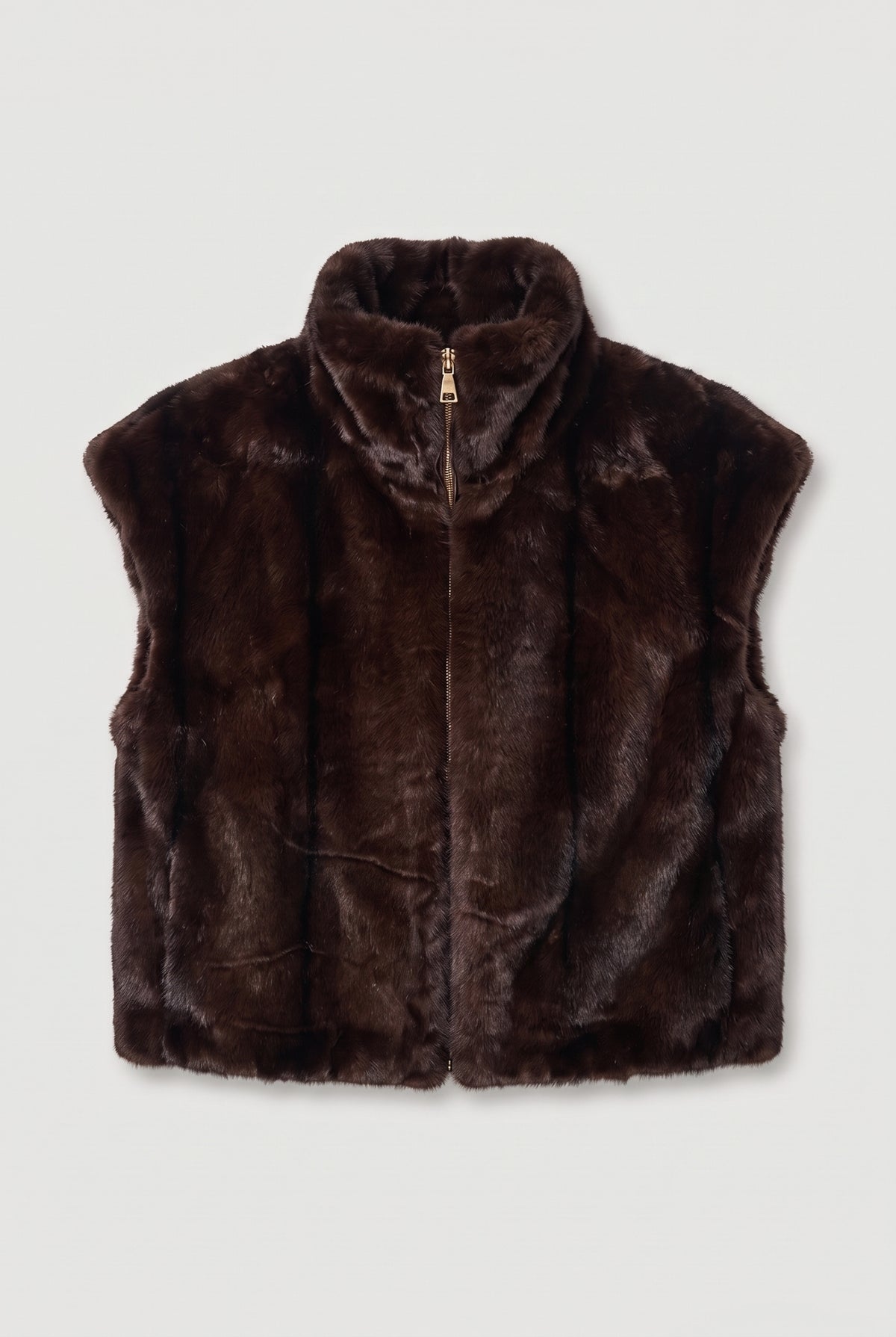 Faux-Mink Funnel-Neck Vest - Brown - flat lay