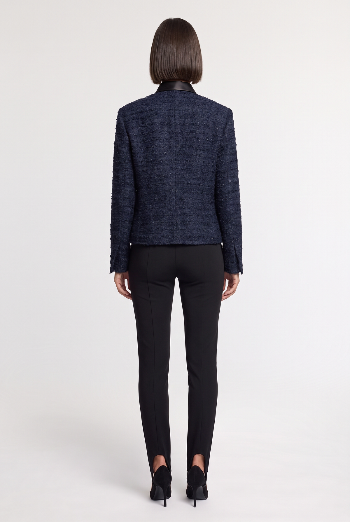 Feather-Effect Trim Tweed Jacket - Blue - back view