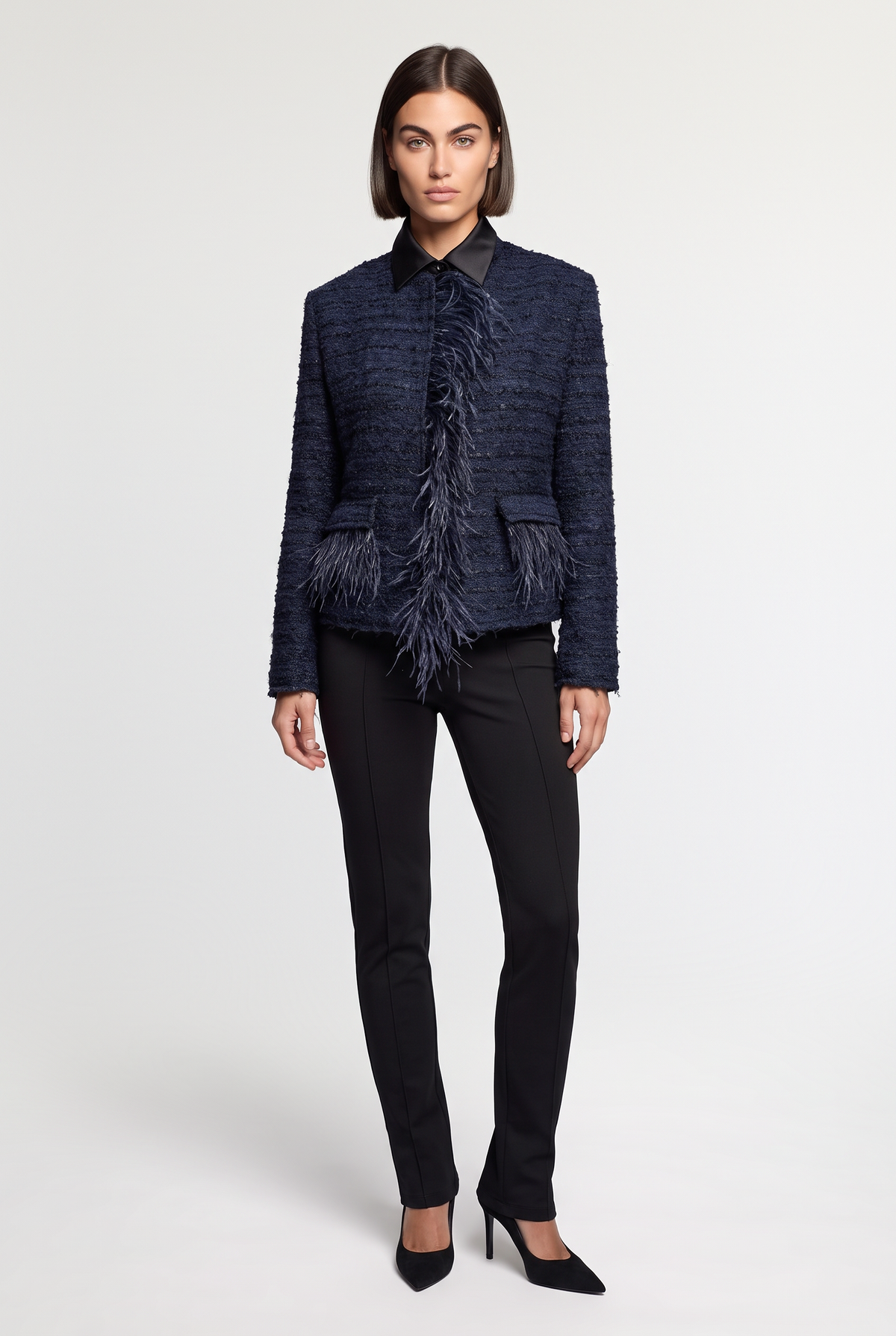 Feather-Effect Trim Tweed Jacket - Blue - front view