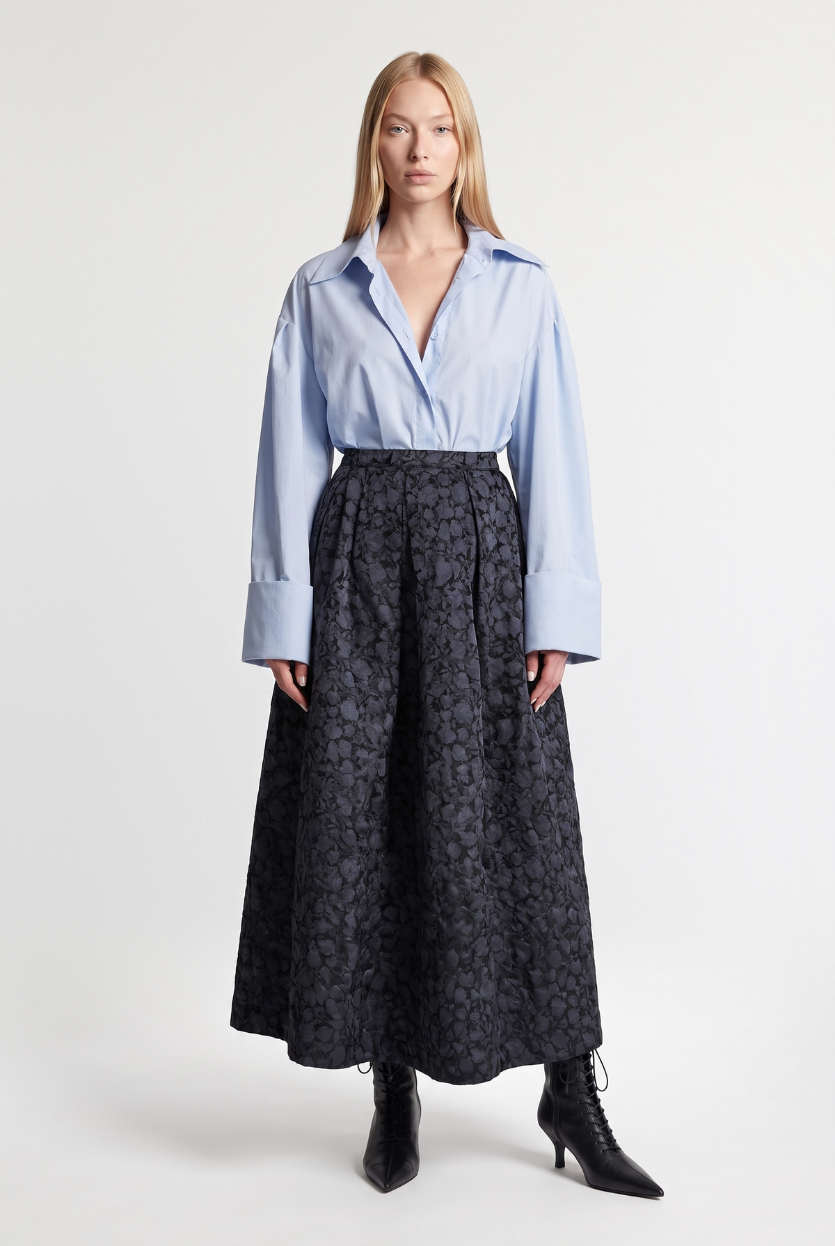Floral Jacquard Maxi Skirt - Grey - front view