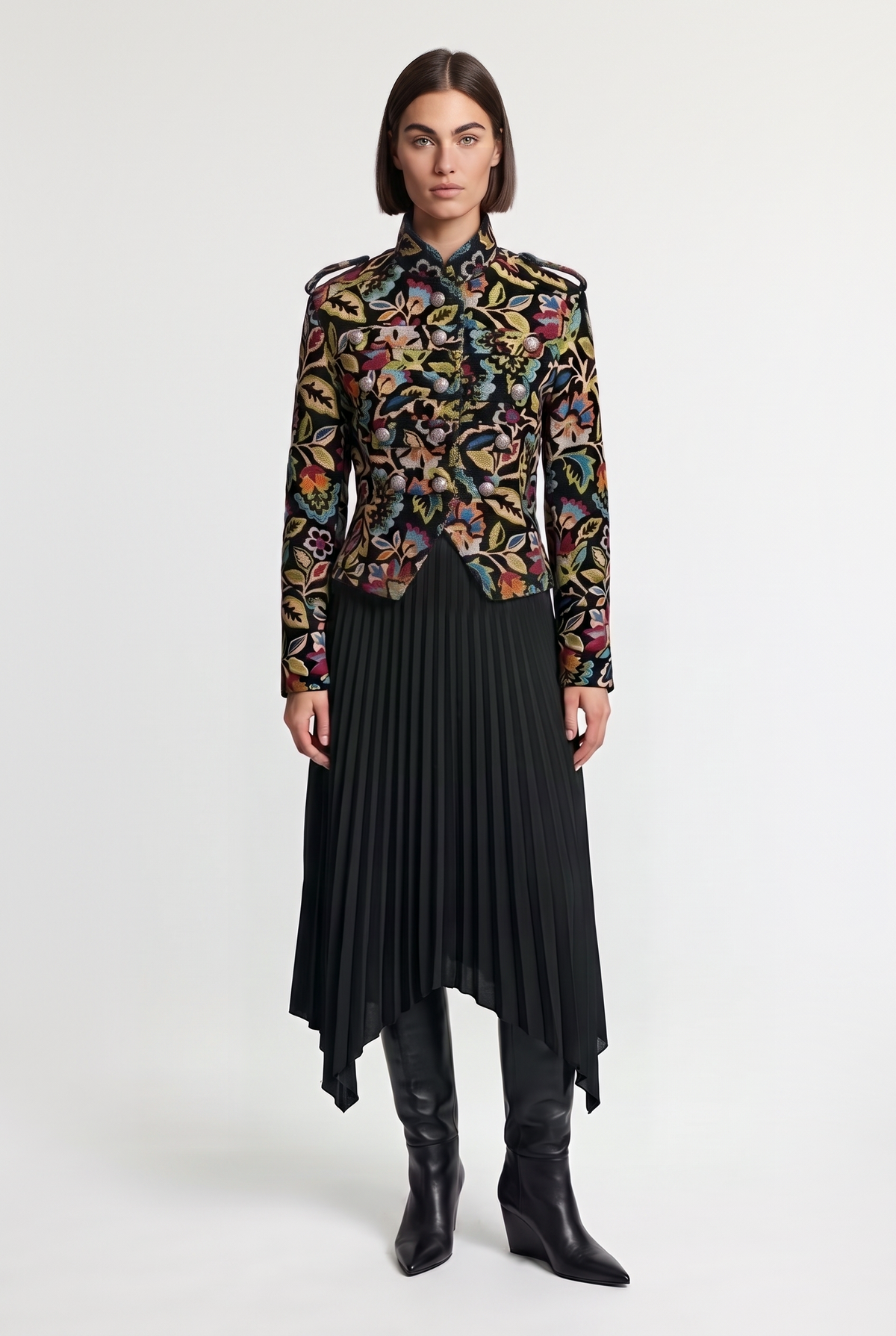Floral Jacquard Military Jacket - Black/Multi - front view
