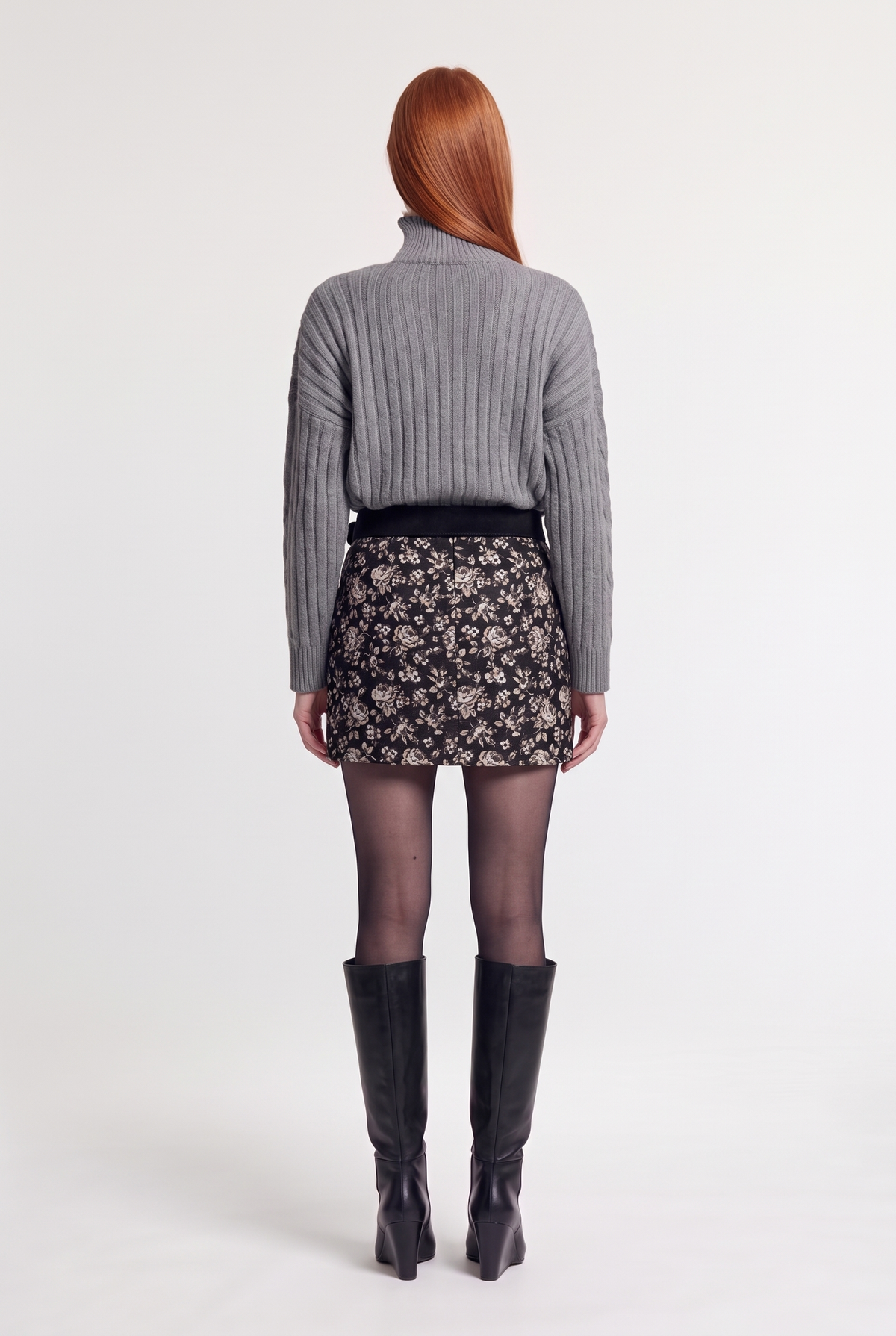 Floral Mini Skirt - Black/Beige - back view