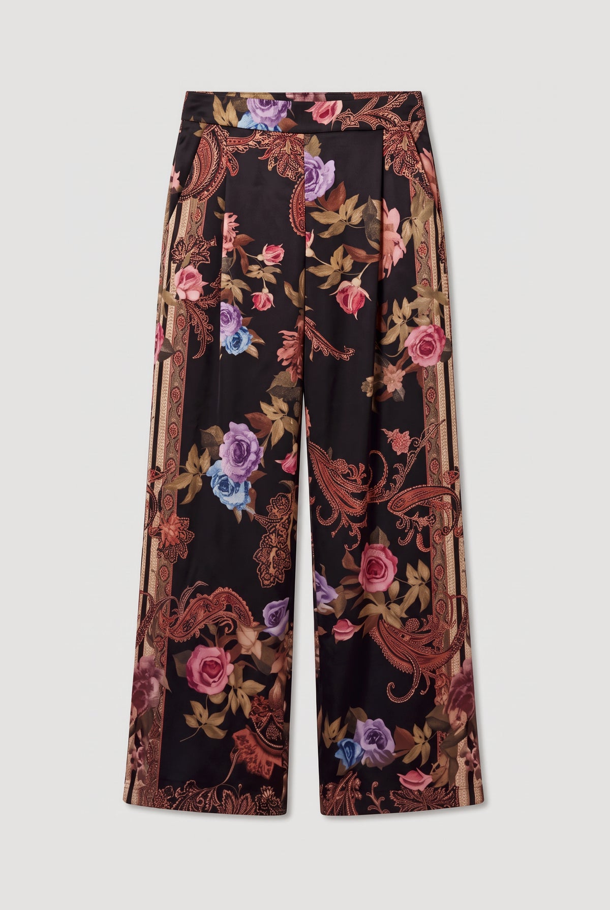 Floral satin wide trousers - Black - flat lay