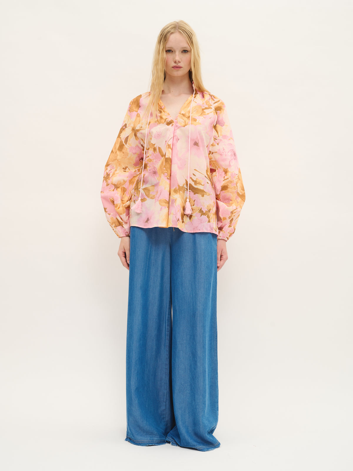 Floral Watercolor Cotton Blouse with Tassel Ties - Maska