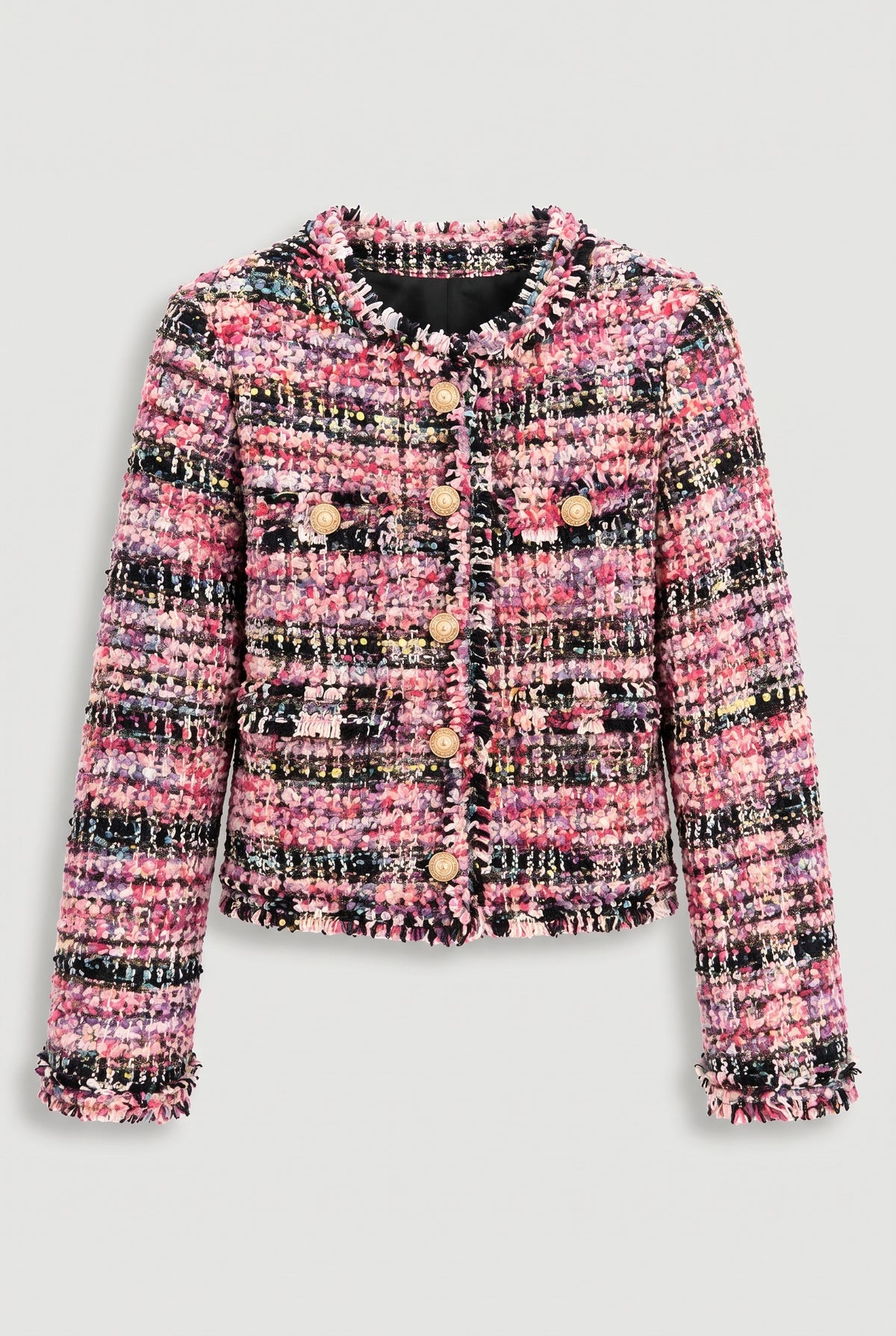 Multicolour Tweed Fringe Jacket - Pink - flat lay
