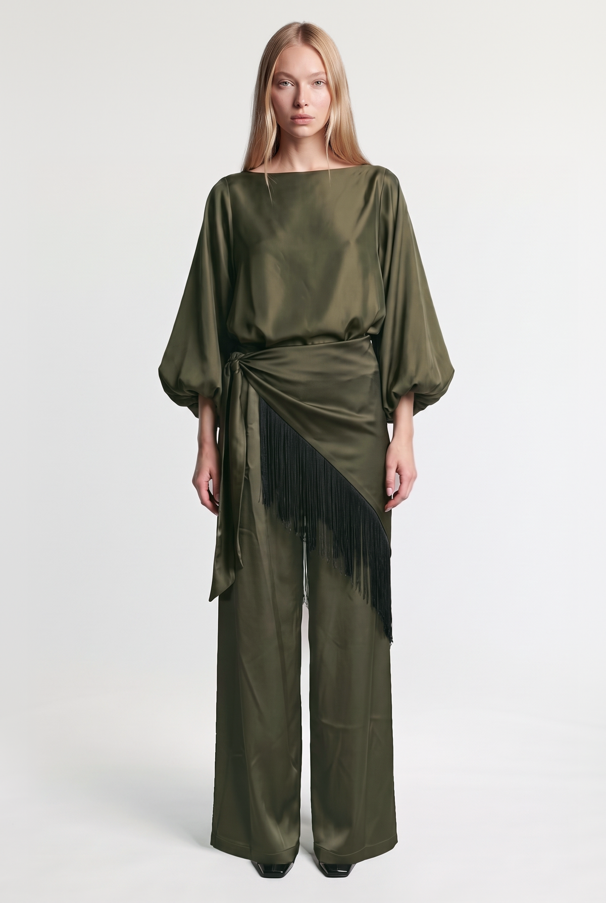 Fringed Wrap Midi Skirt - Military - front view