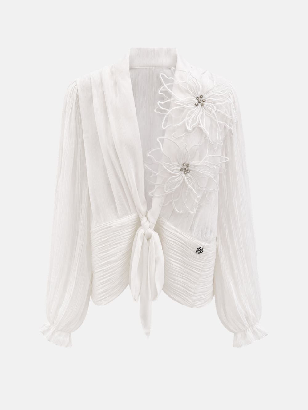 White Tie-Front Floral Appliqué Blouse