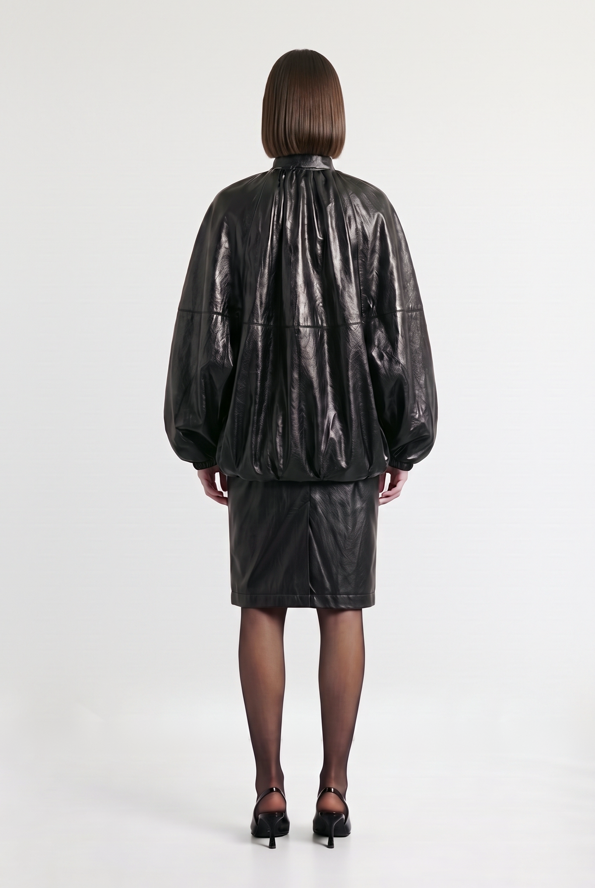 High-Neck Leather Jacket - Black - back view