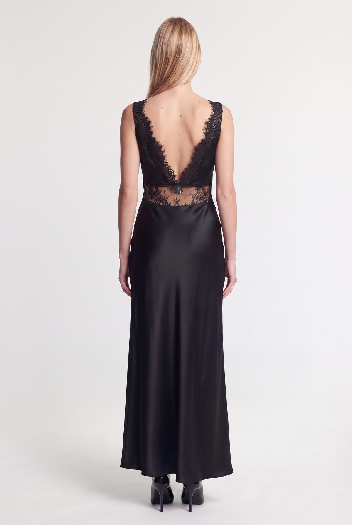 Lace-Panel Satin Maxi Dress - Black - back view