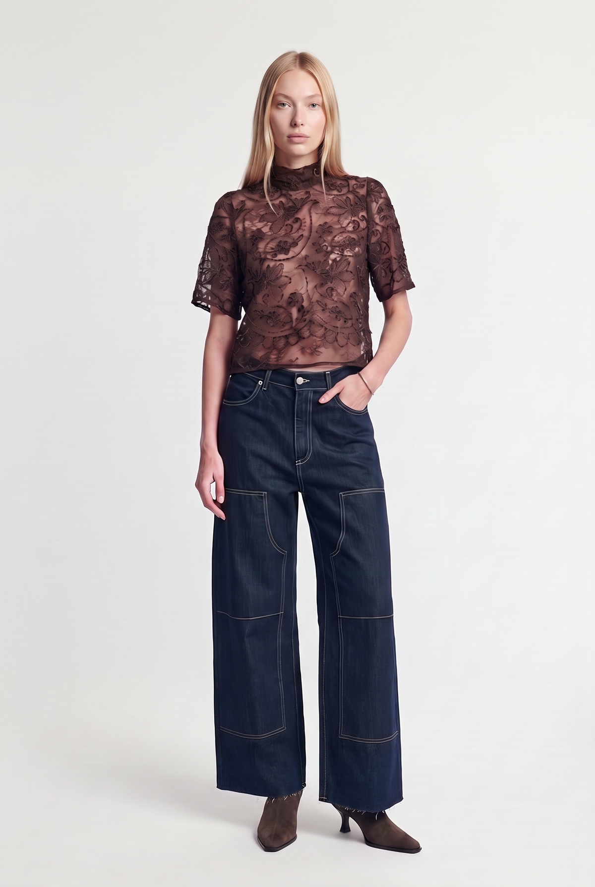 Lace Tie-Back Top - Dark Brown - front view