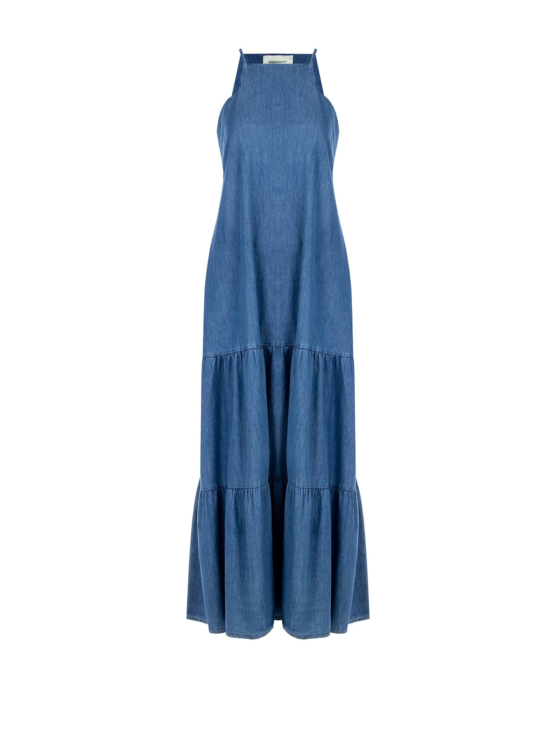Long A-line Dress in Denim with Square Neckline and Pockets