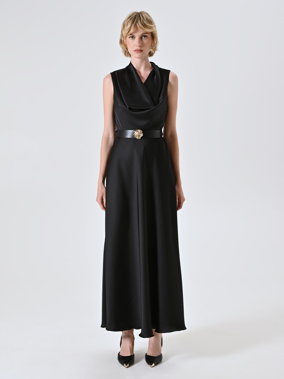Long Satin Dress with Belt - Maska