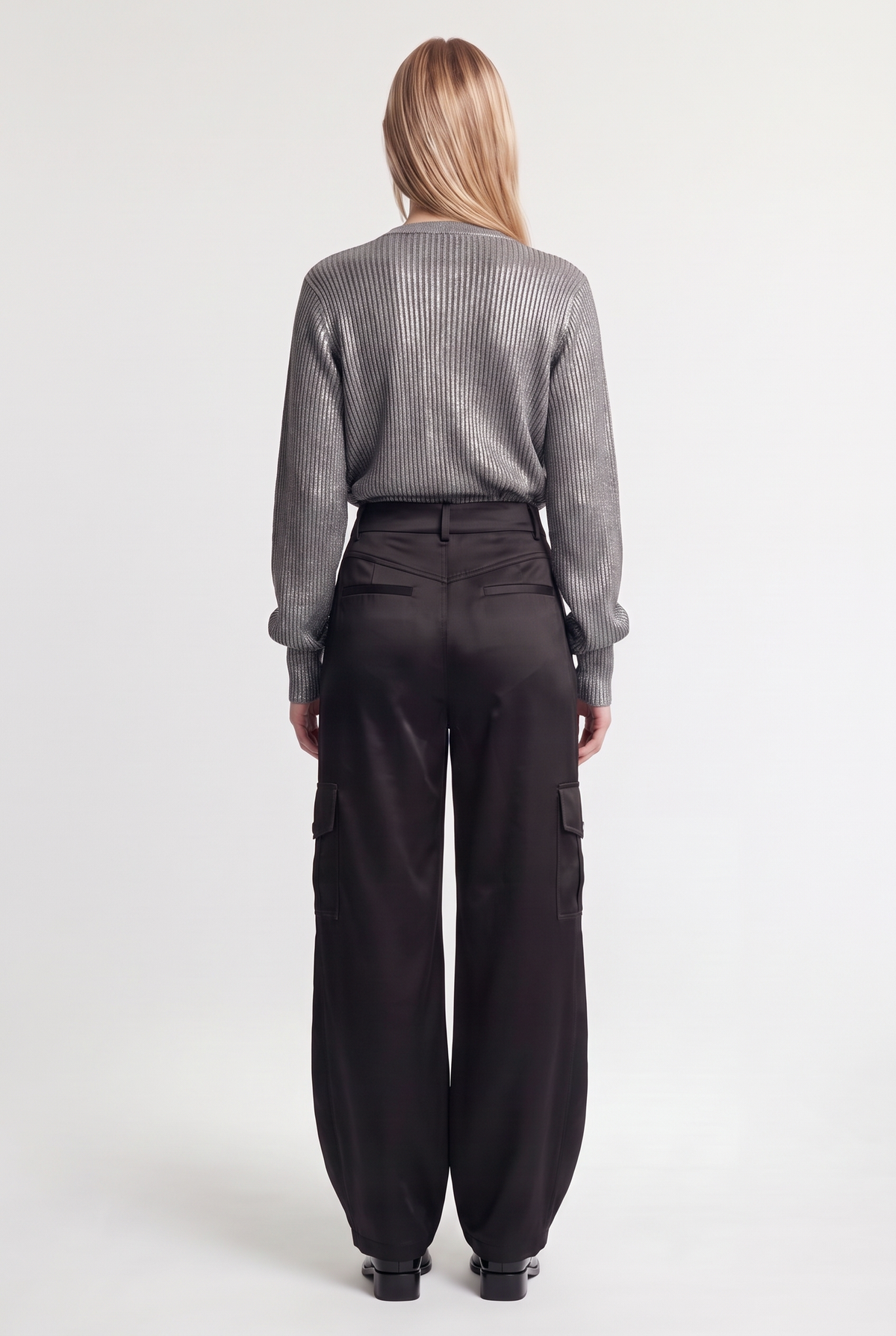 Metallic Ribbed V-Neck Sweater - Grey - back view