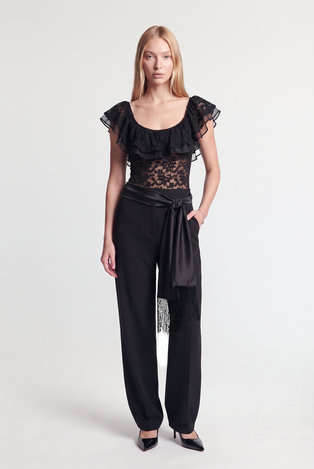 Lace ruffle bodysuit - Black - front view