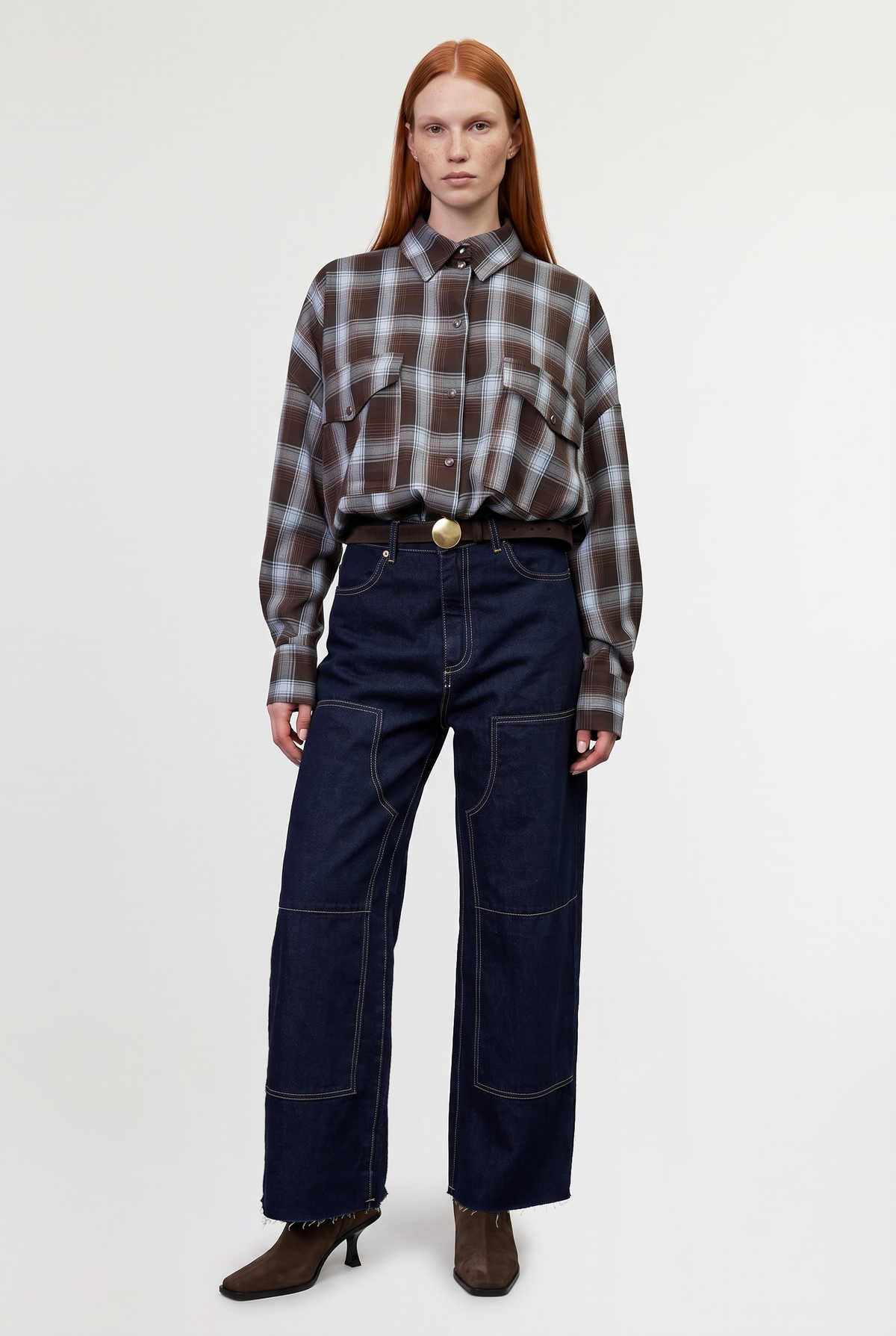 Oversized Plaid Shirt - Brown/Blue - front view
