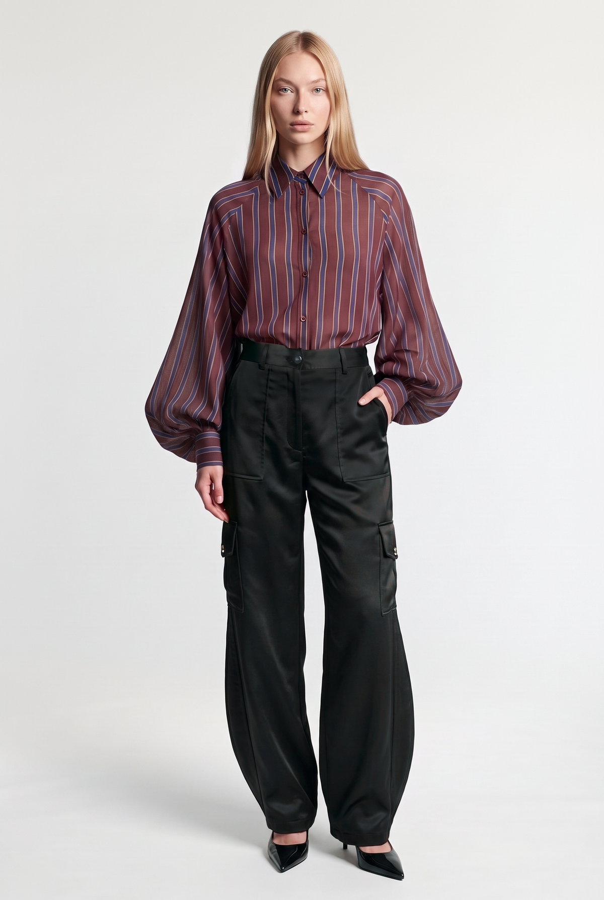 Oversized Striped Shirt - Burgundy - styled look, front view