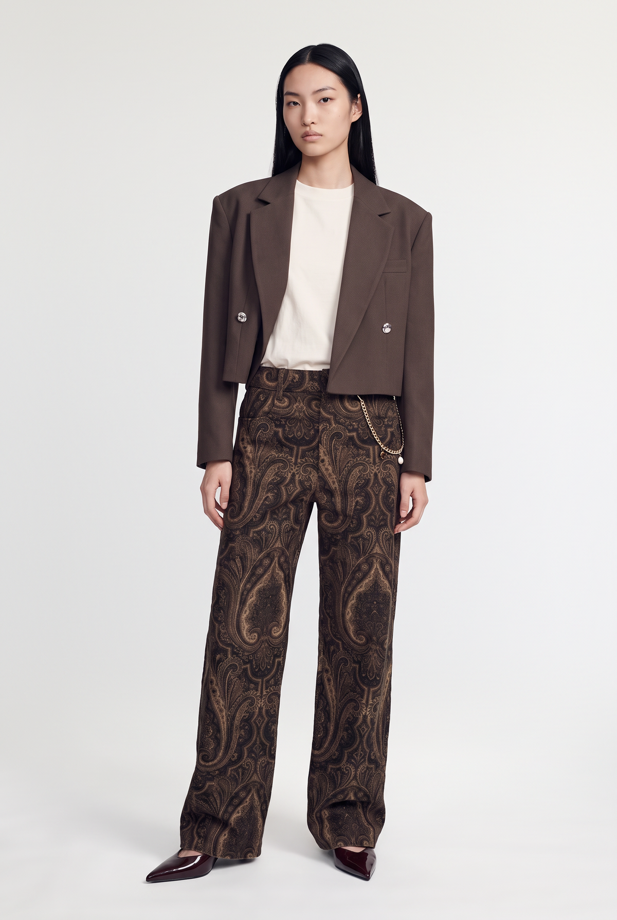 Paisley Wide-Leg Trouser - Beige/Brown - front view