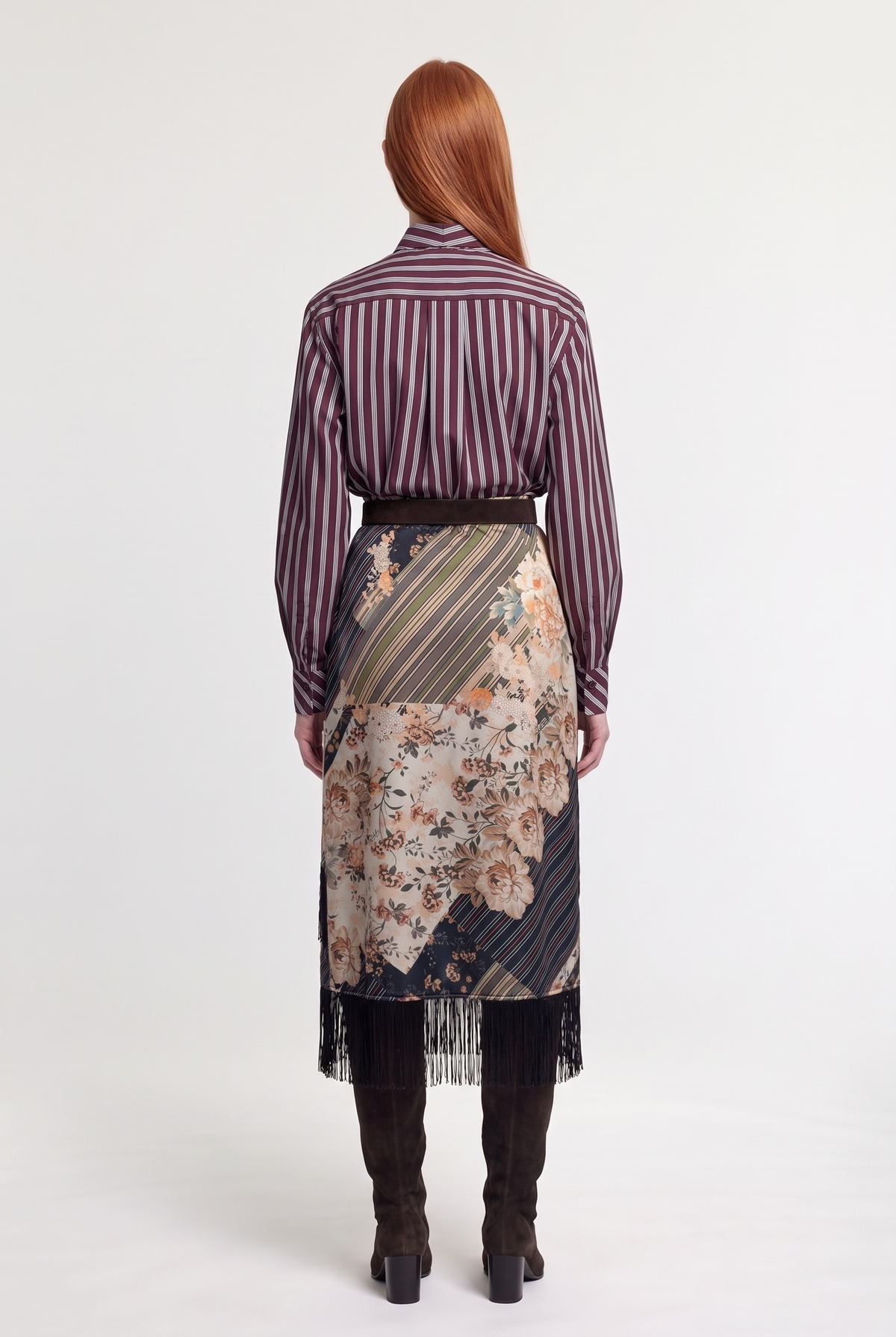 Patchwork Fringe Midi Skirt - Beige/Green - back view