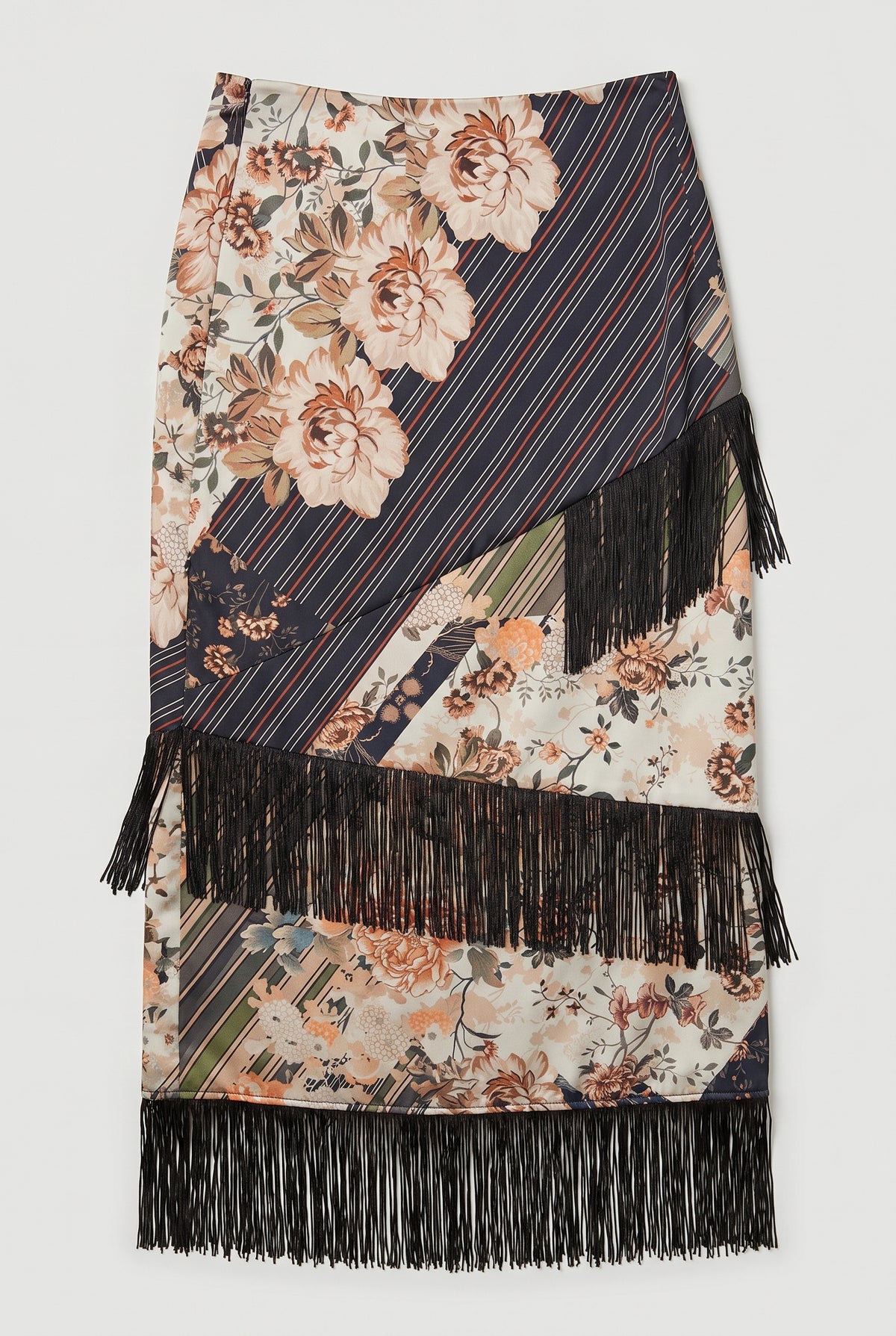 Patchwork Fringe Midi Skirt - Beige/Green - flat lay
