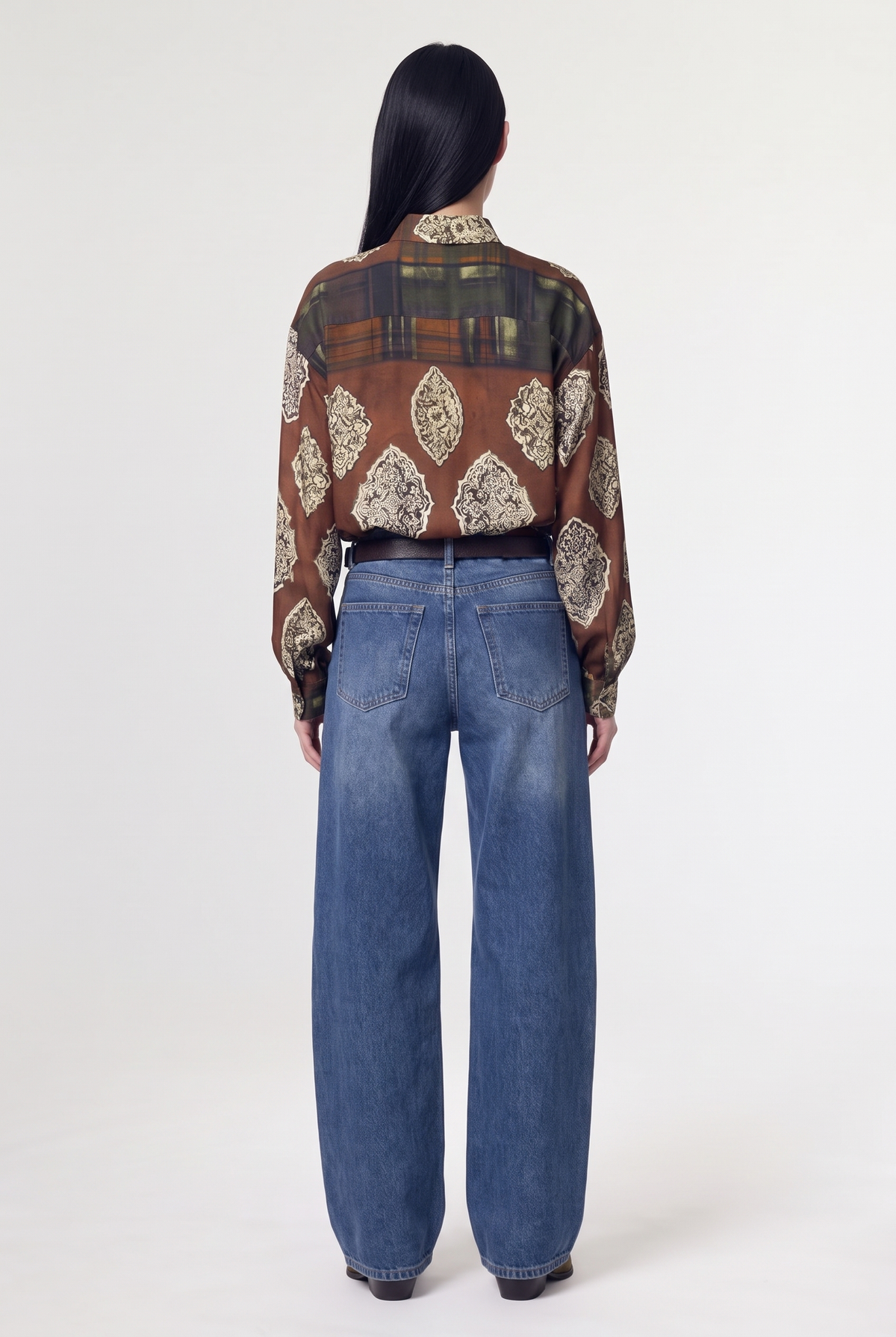 Patchwork-Print Shirt - Brown - back view