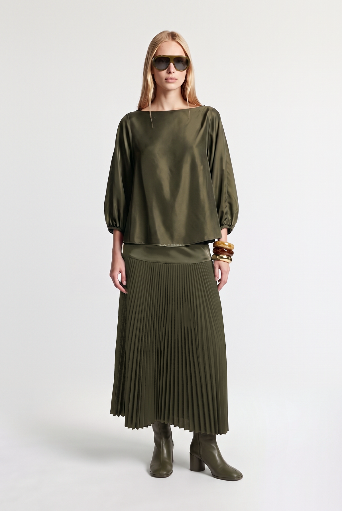 Pleated Midi Skirt - Military - styled look, front view