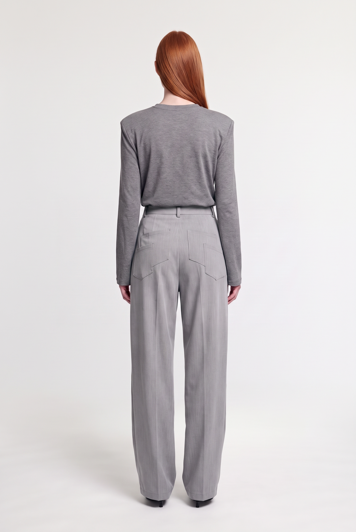Pleated Wide-Leg Trouser - Grey - back view