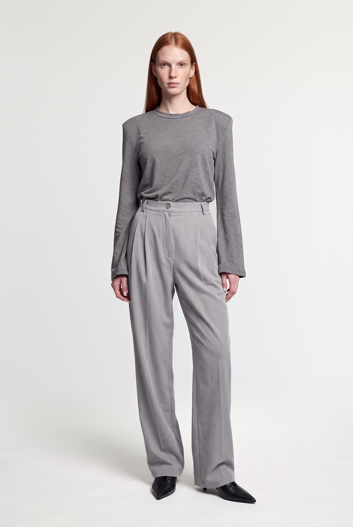 Pleated Wide-Leg Trouser - Grey - front view