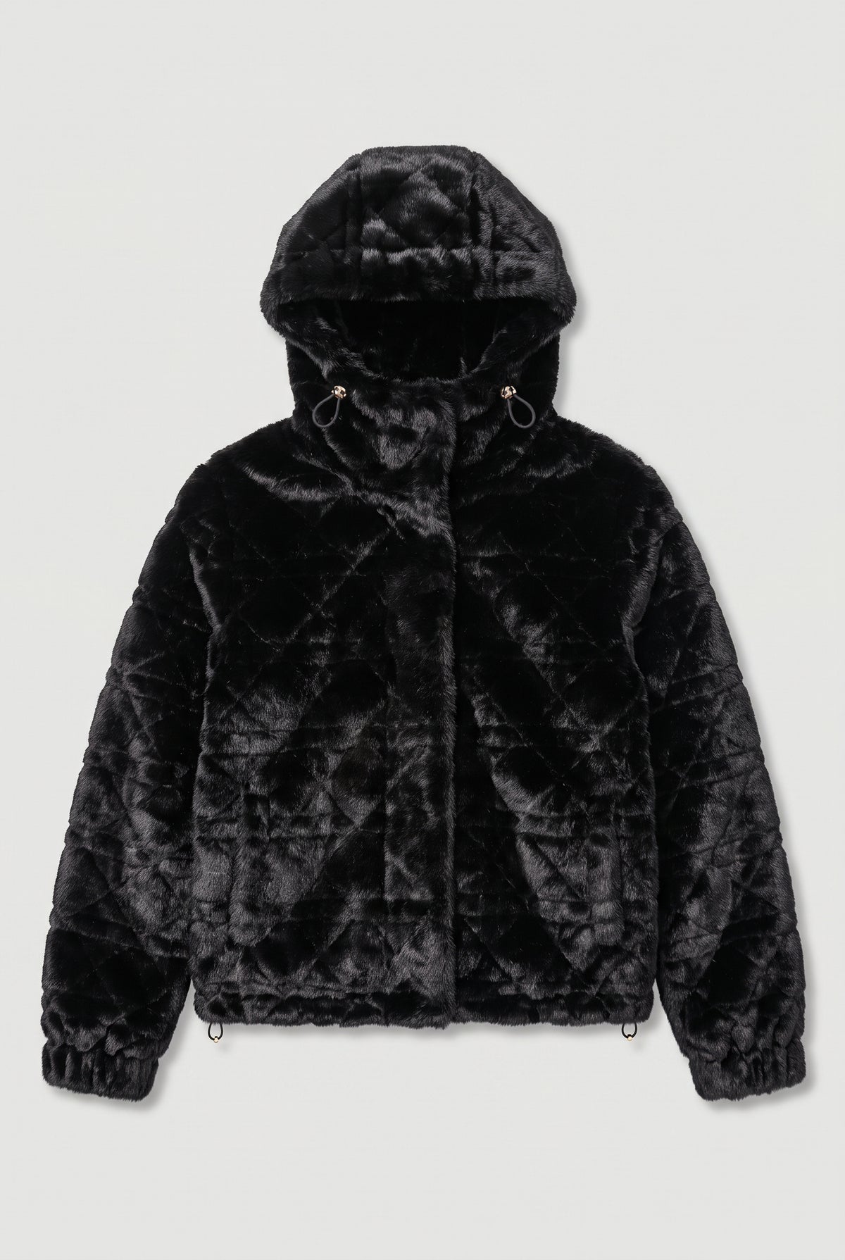 Quilted Faux-Fur Hooded Bomber - Black - flat lay