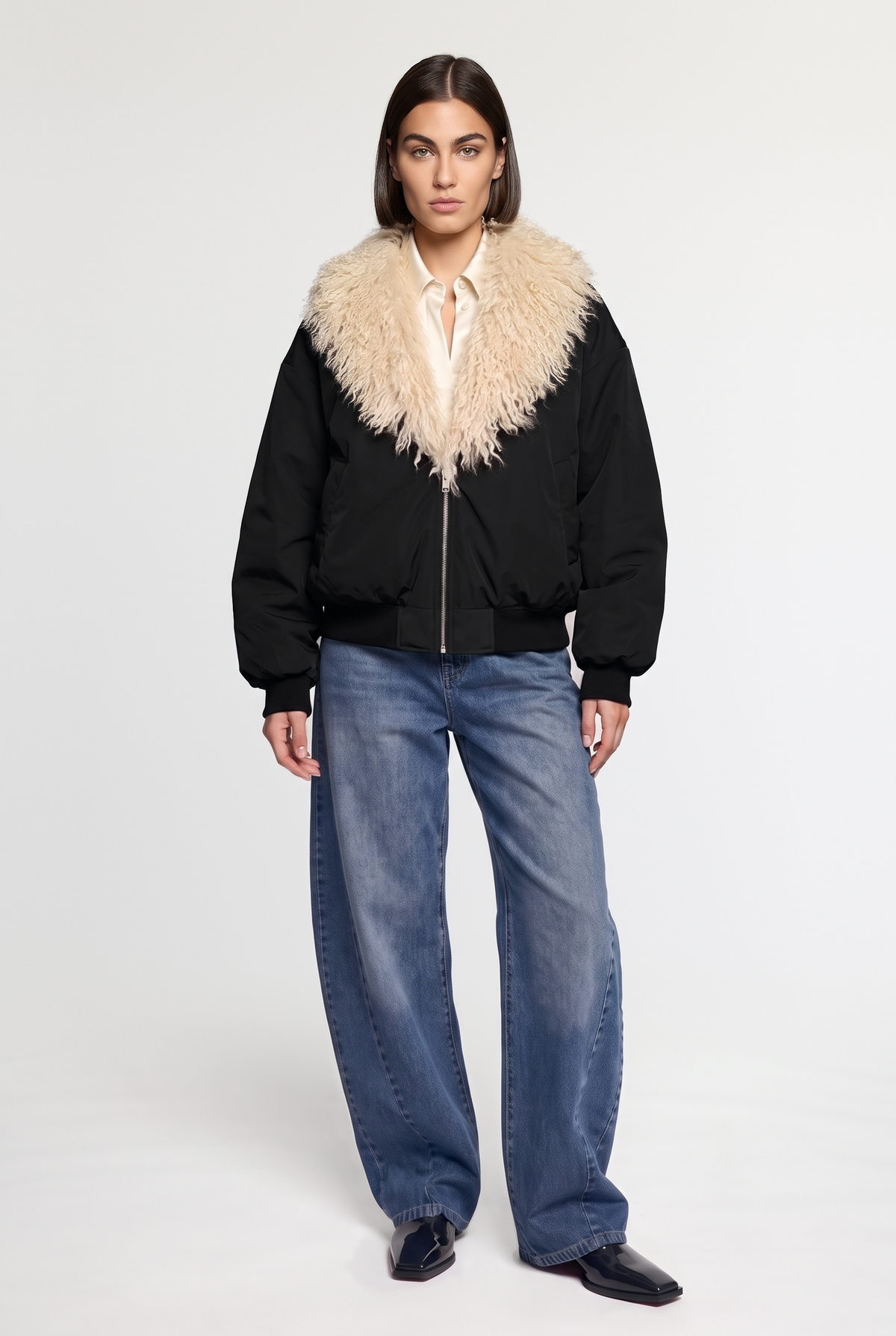 Shaggy-Collar Bomber Jacket - Black - front view