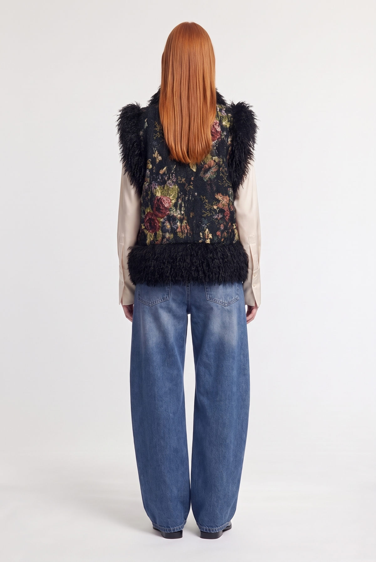 Shaggy-Trim Floral Jacquard Jacket - Multi - back view