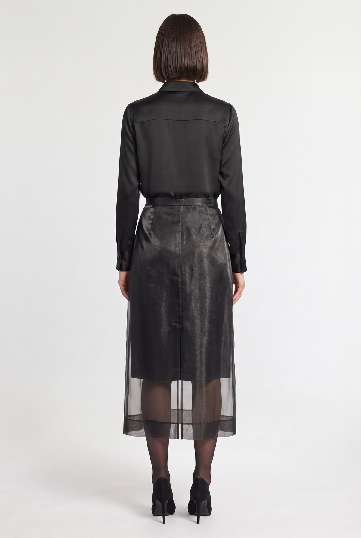 Sheer-Overlay Midi Skirt - Black - back view