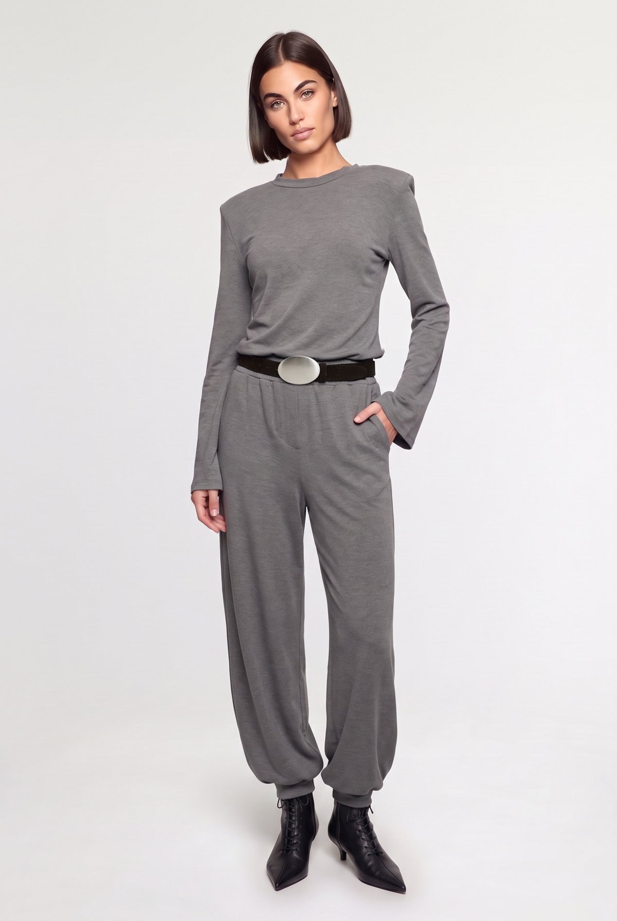 Shoulder-Pad Flare-Sleeve Top - Grey - front view