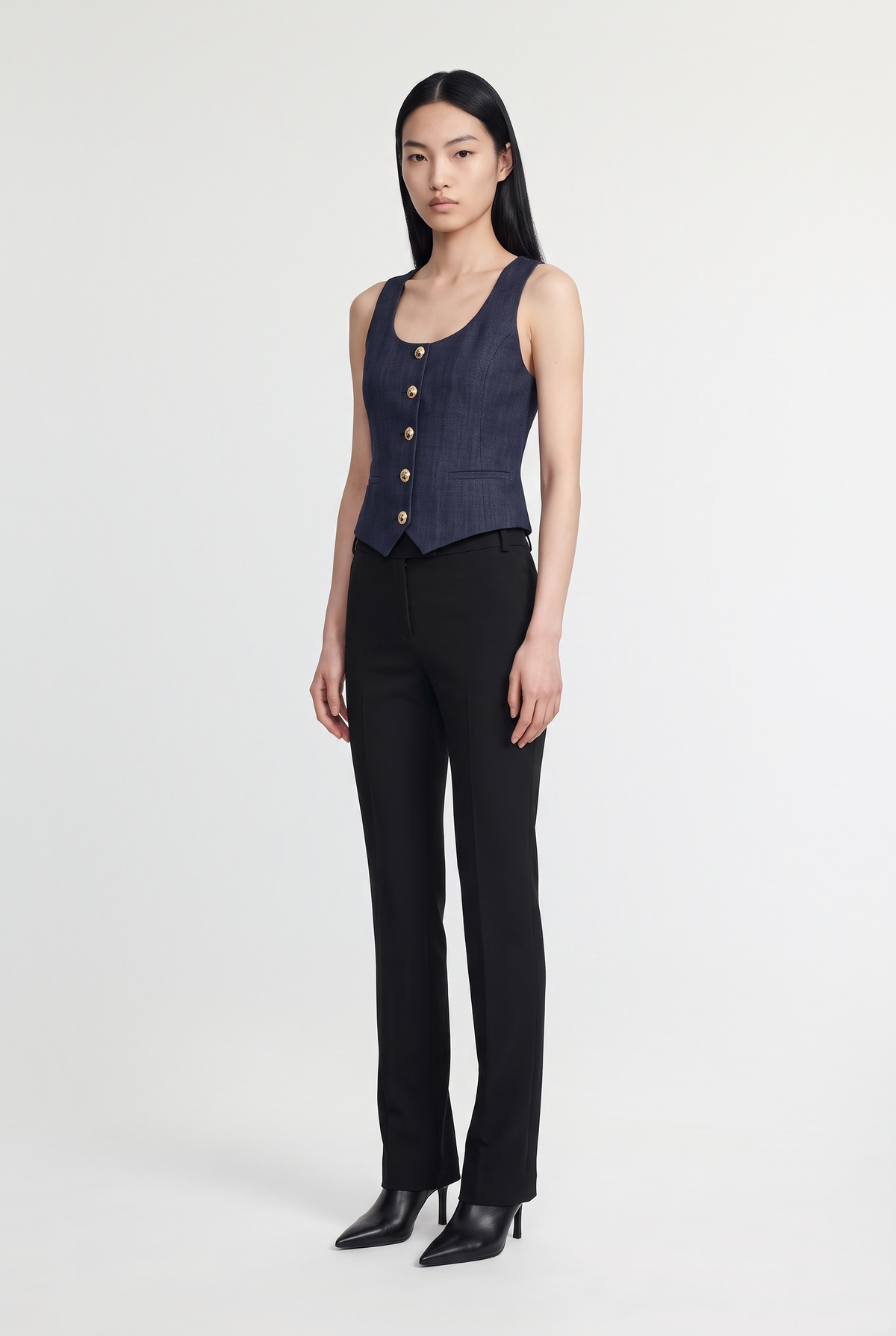 Tailored Button Vest - Navy - front view, second option