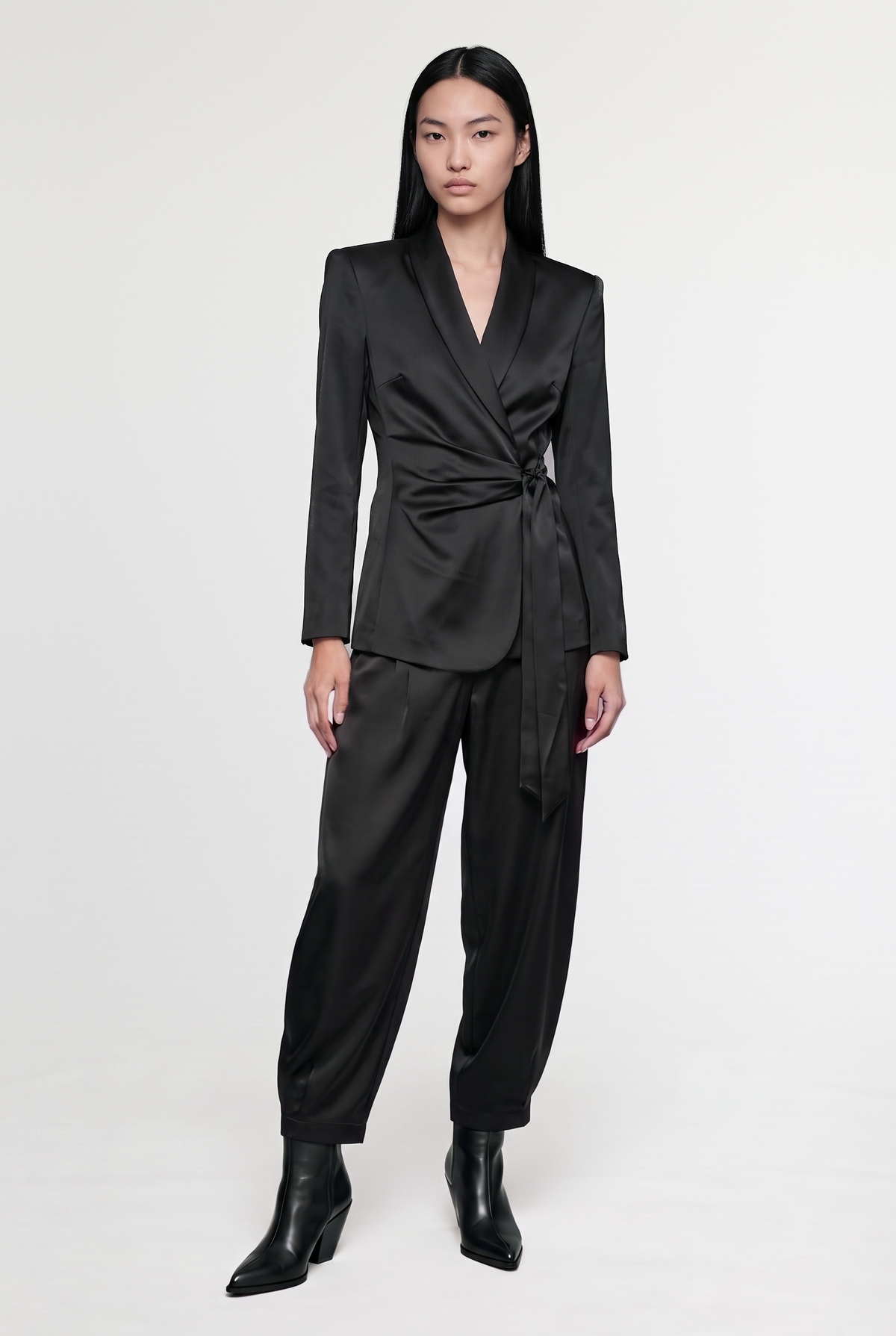Tie-Front Satin Blazer - Black - front view