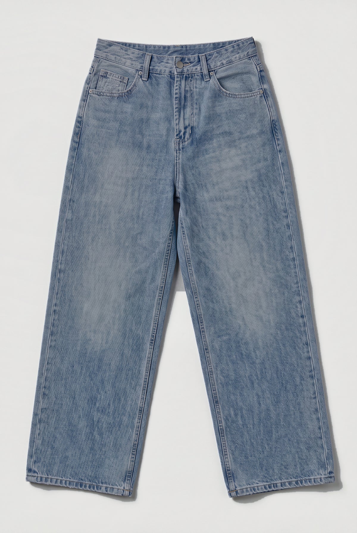 Wide-Leg Jeans with Faux-Leather Back Pockets - Blue Denim - flat lay