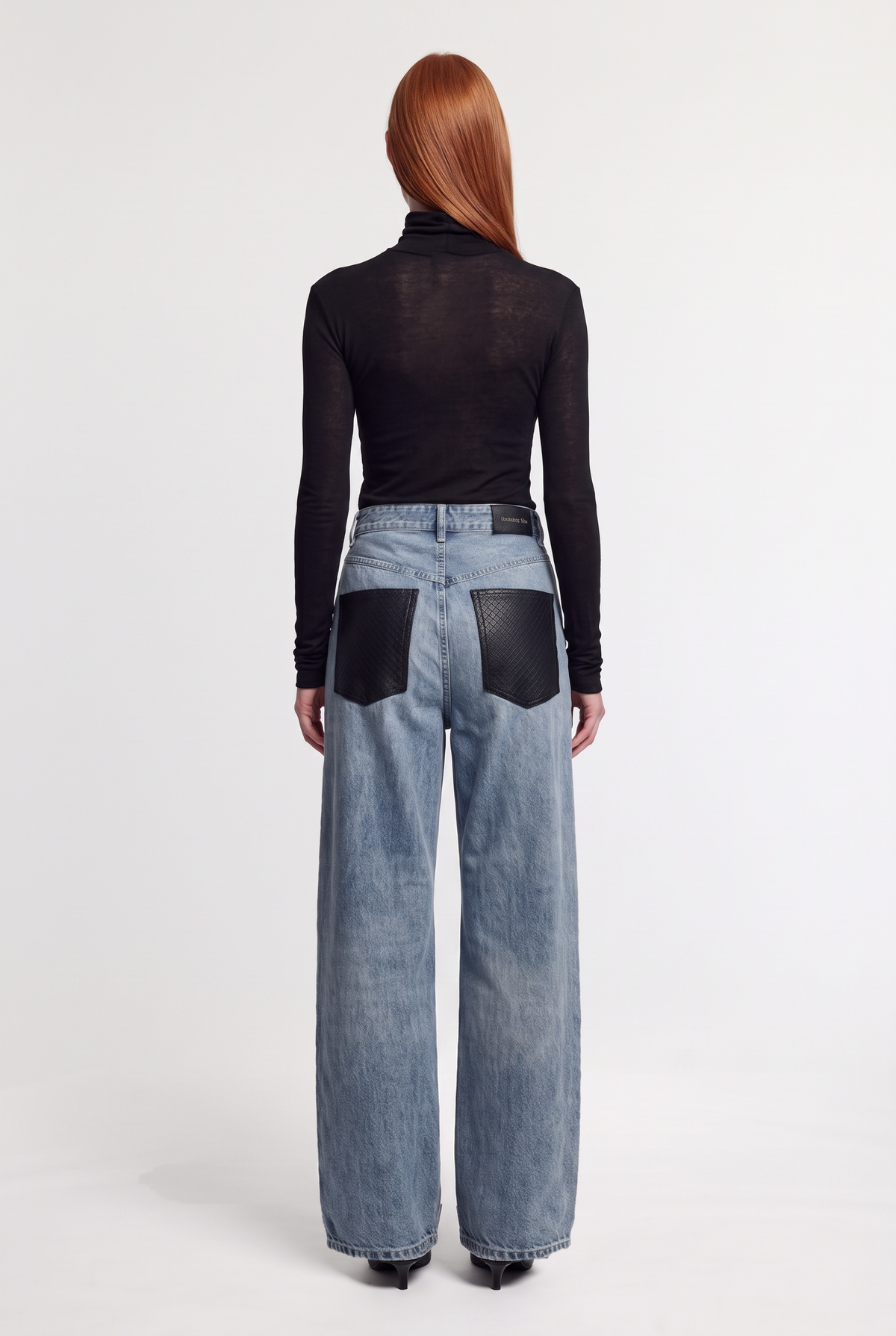 Wide-Leg Jeans with Faux-Leather Back Pockets - Blue Denim - back view