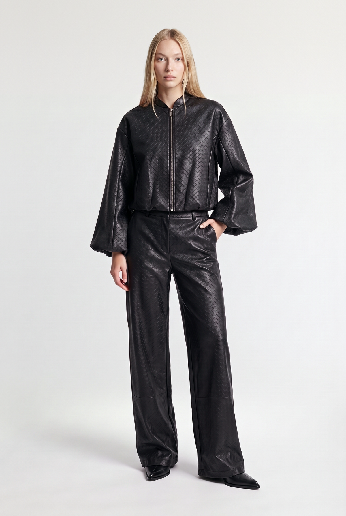 Woven-Effect Leather Trousers - Black - styled look, front view