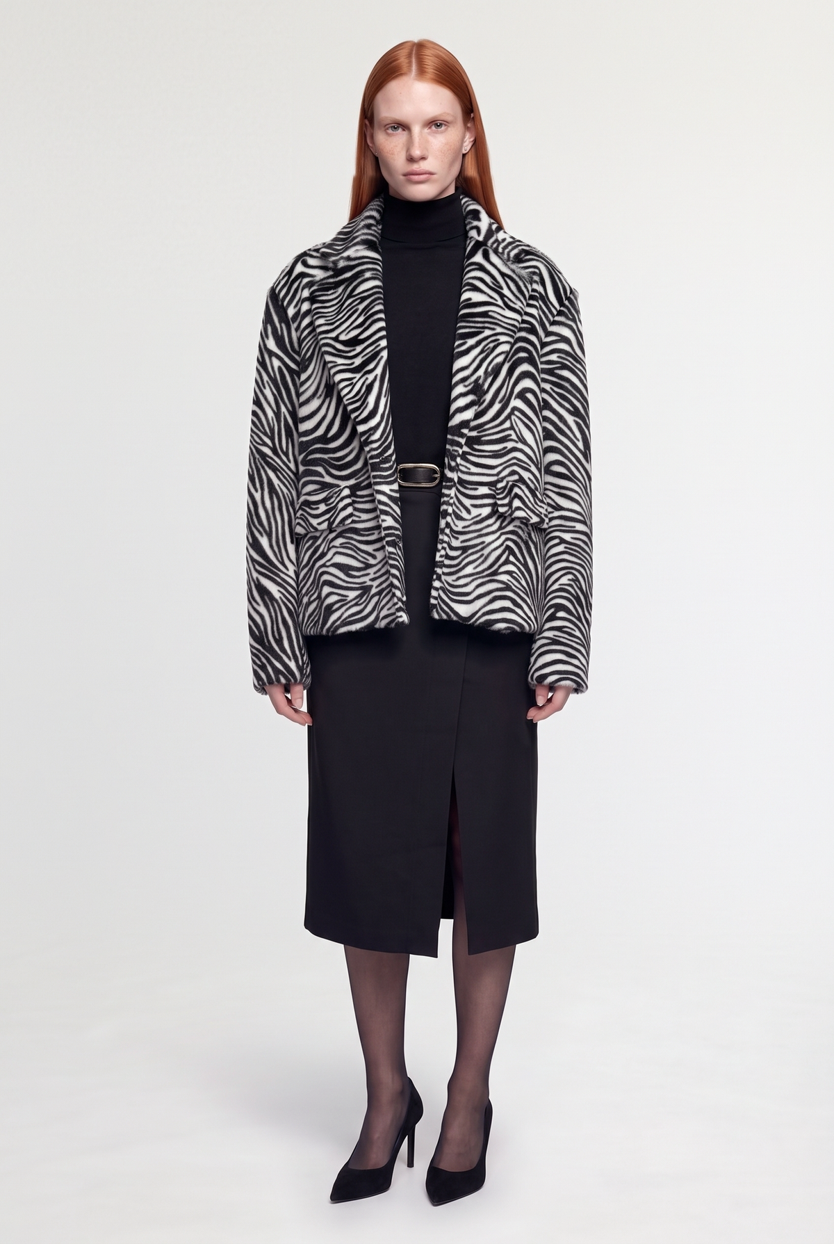 Zebra-Print Faux-Fur Blazer - White/Black - front view