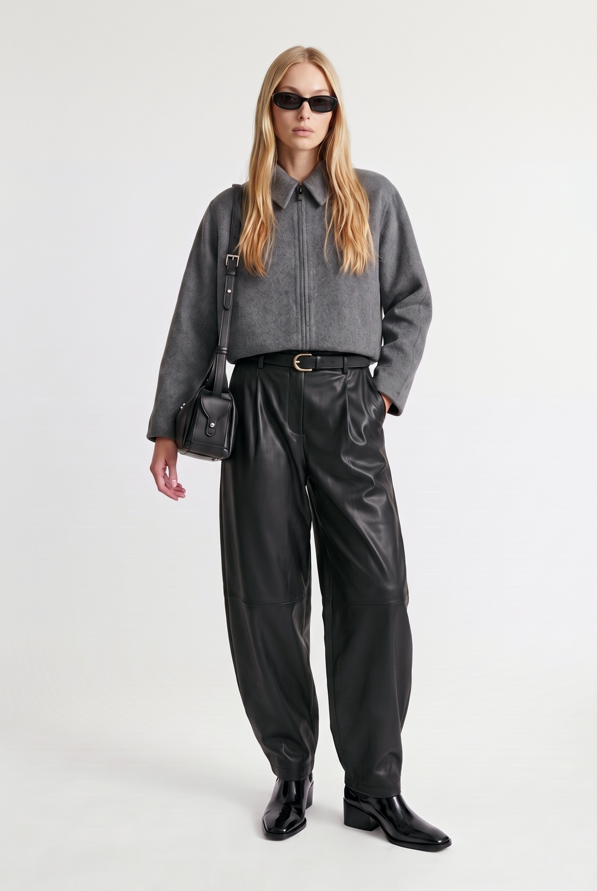 Zip-Up Crooped Jacket - Grey - front view
