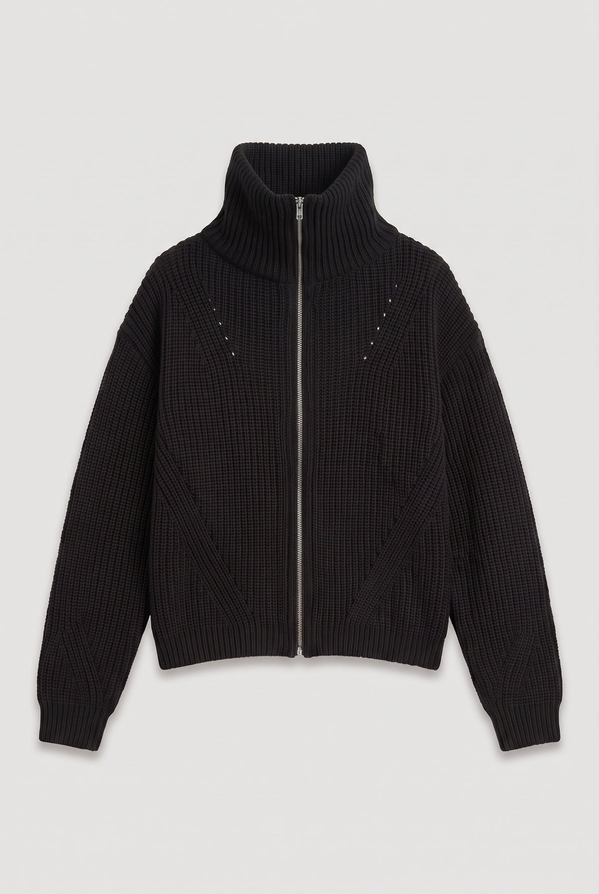 Zip-Up Funnel Neck Knit Sweater - Black - flat lay