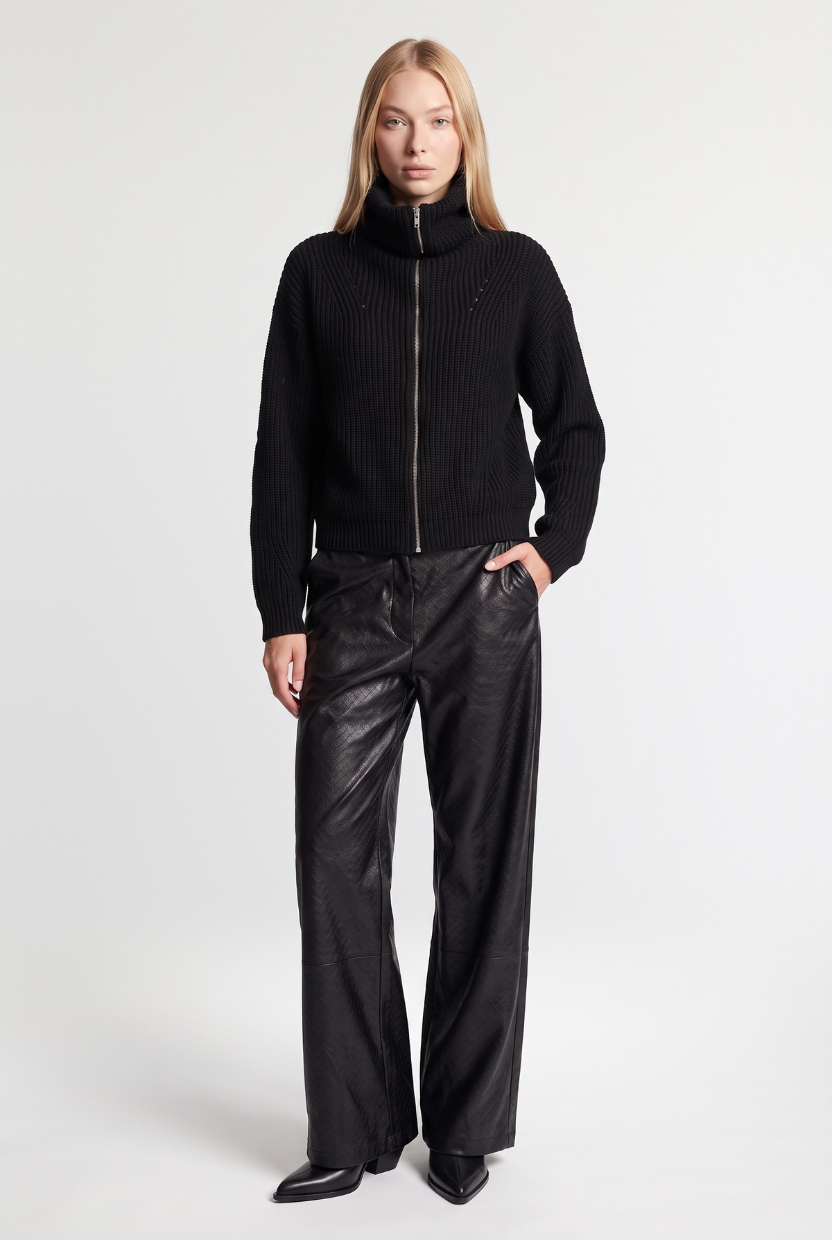 Zip-Up Funnel Neck Knit Sweater - Black - front view