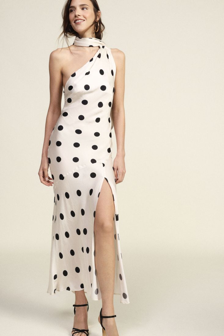 Polka Dot One-Shoulder Midi Dress