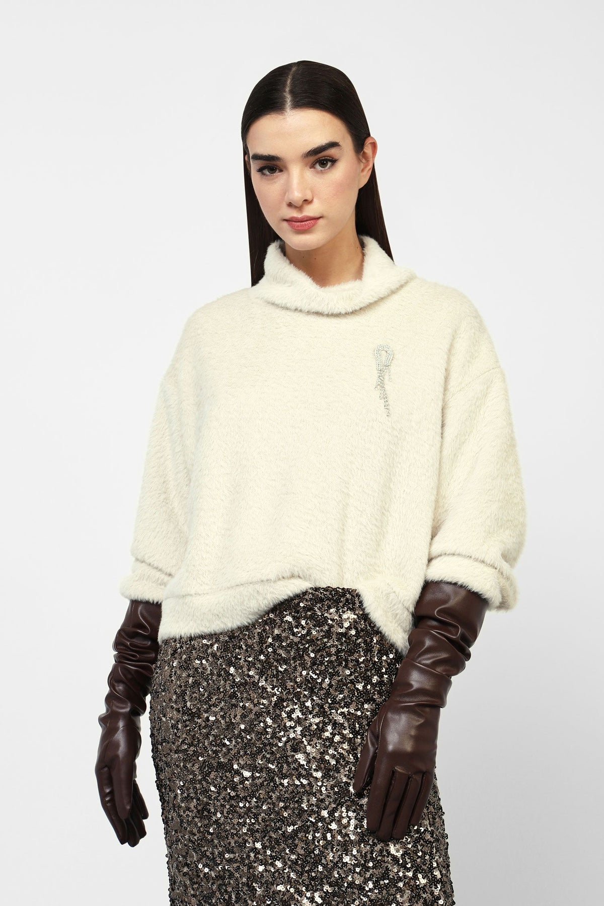 Plush Effect Sweatshirt with Hight Neck