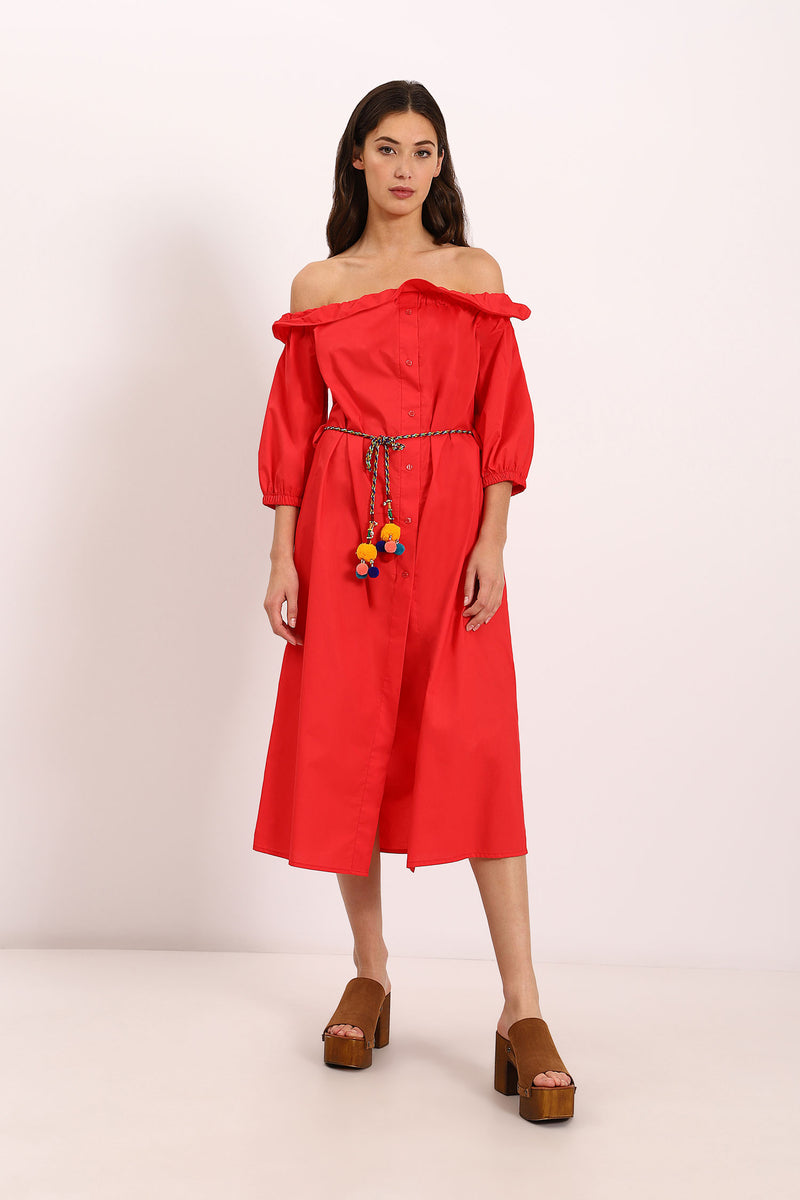 Robe midi col Bardot à volants et ceinture