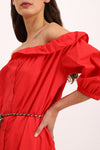 Bardot-neck midi dress with ruffles and belt