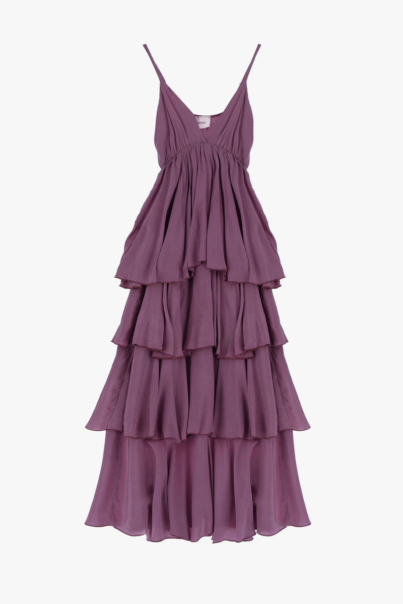 Long V-neck dress with tiered skirt